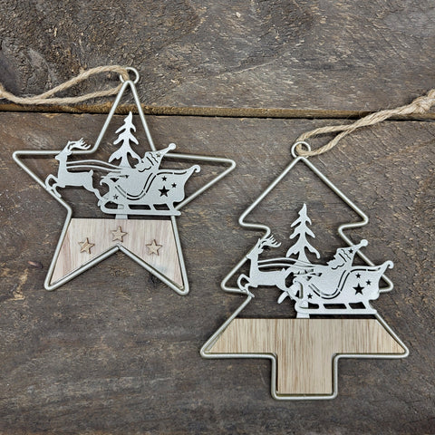 Star/Tree w/Santa Sleigh Ornament 5.5"