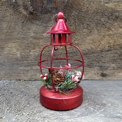 LED Red Metal Lantern Ornament 6"