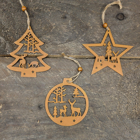 Rust Star/Ball/Tree Ornament 4.5"