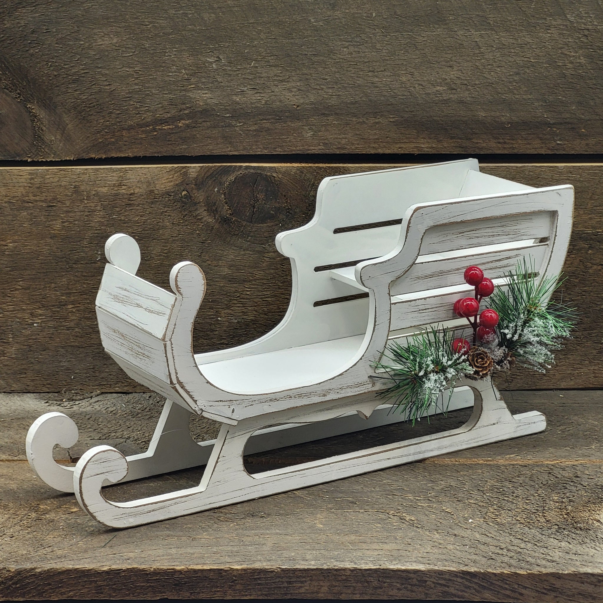 White Sleigh w/Sprig/Berries 16x6x8"