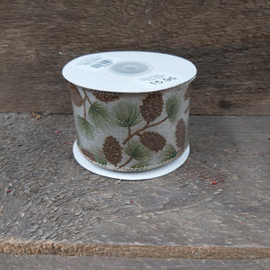 Wired Ribbon 2.5"X10 Yds. Natural W/ Brown Pine Cone
