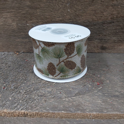 Wired Ribbon 2.5"X10 Yds. Natural W/ Brown Pine Cone