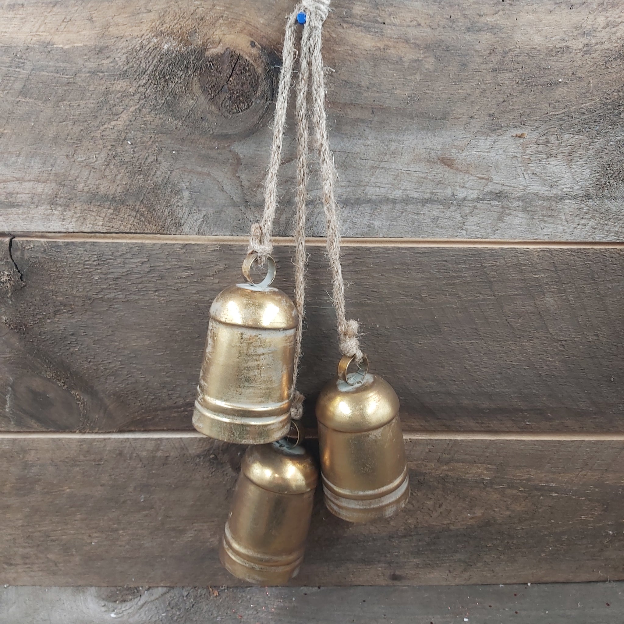 Cylinder-Shape Bells 3pc 3" Gold Tapered Bronze Finish W/ Rope Hanger