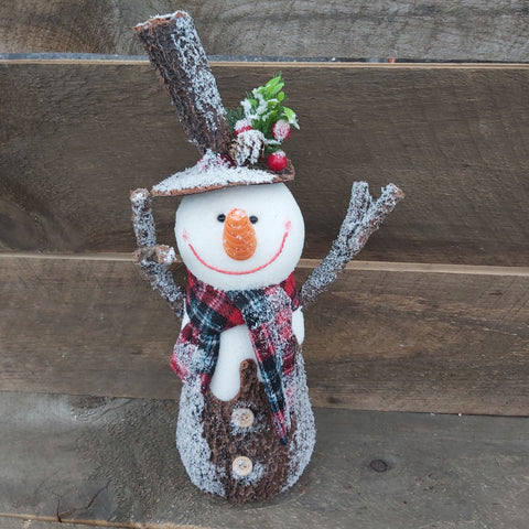 Snowman Standing Log-Style 16" W/ Plaid Scarf, Snow, & Berry-Decorated Hat
