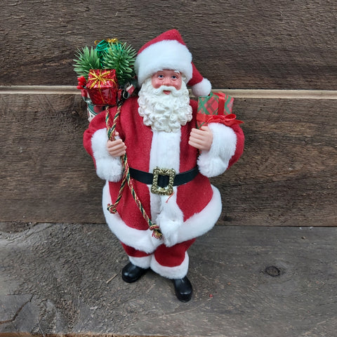 Santa Claus Standing 11" Red/Green/White W/ Gift Sack & Holding Gift