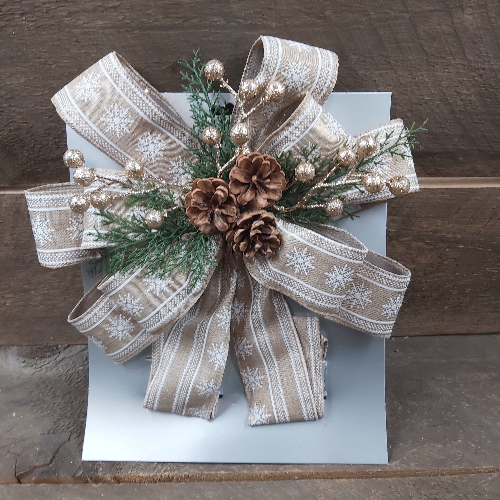 Bow Tree Topper 11" x 31" Burlap Snowflake Pattern W/ Gold Berries, Pinecone