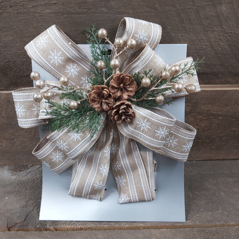 Bow Tree Topper 11" x 31" Burlap Snowflake Pattern W/ Gold Berries, Pinecone