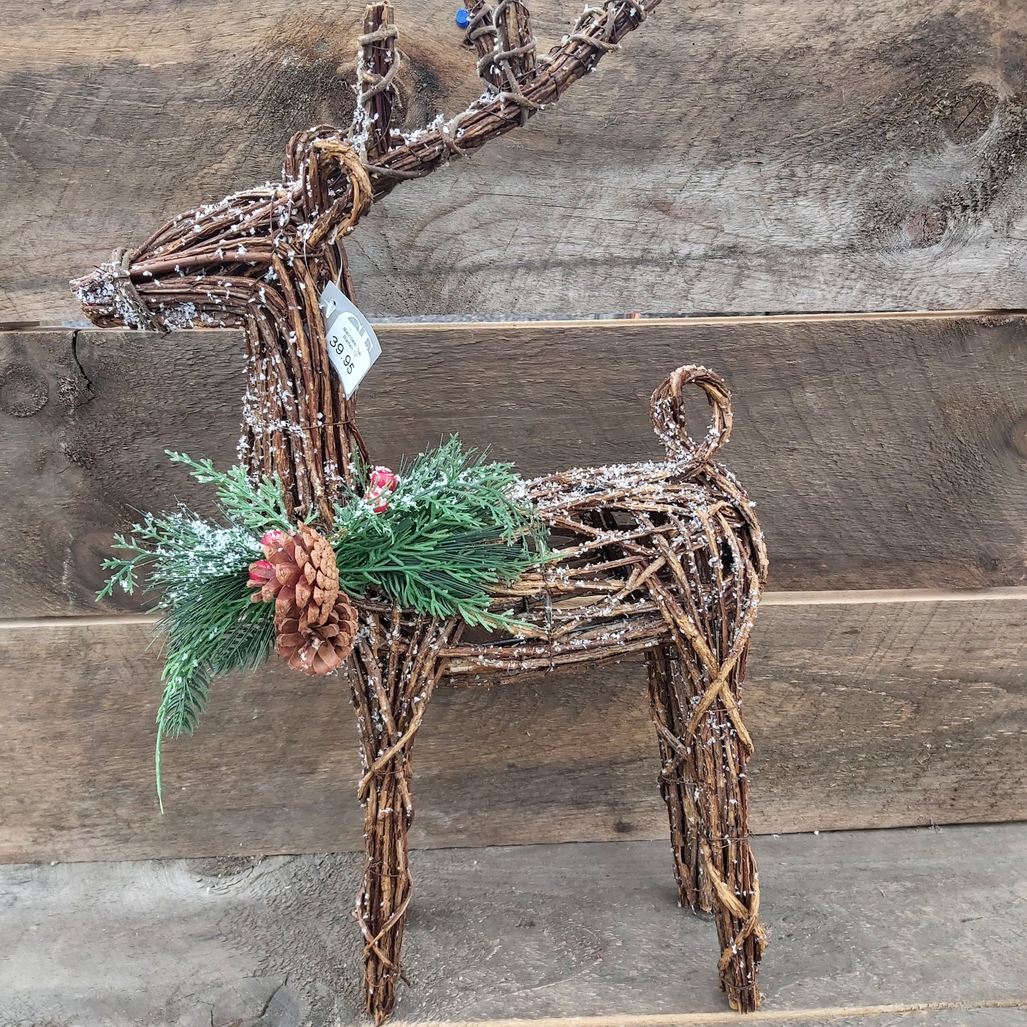 Reindeer Nat. Rattan 13"X5.5"X22" Standing W/ Mixed Frosted Pine/Cones/Berries