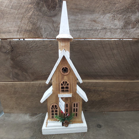 7.5"x3.5"x19.75" LED Natural Wooden Church