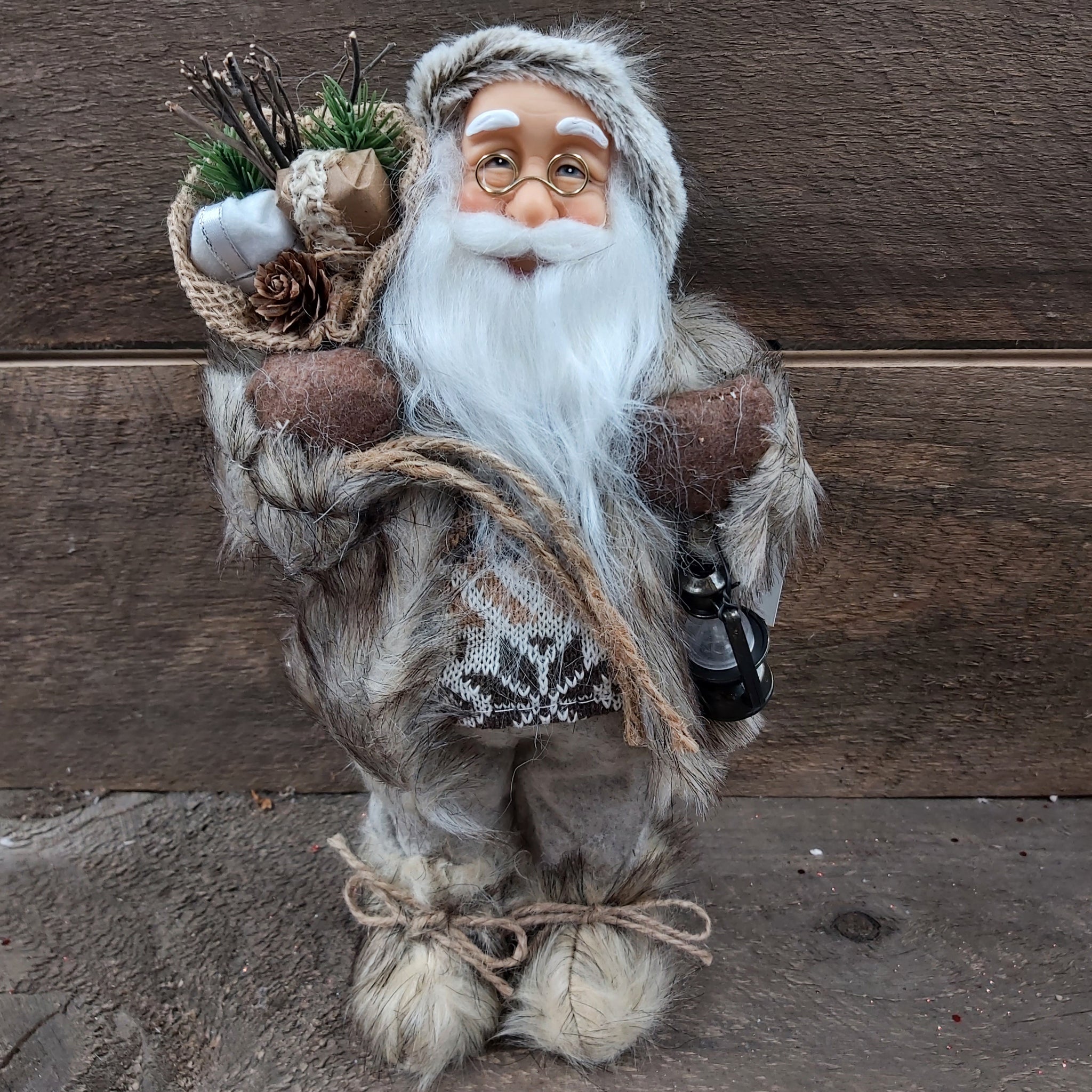 12" Brown Cloth Woodsy Santa with Lantern