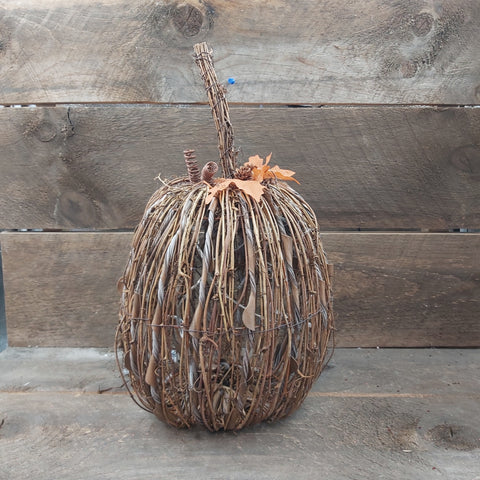 14" Sitting Ochre Wood Stick Pumpkin LED Display