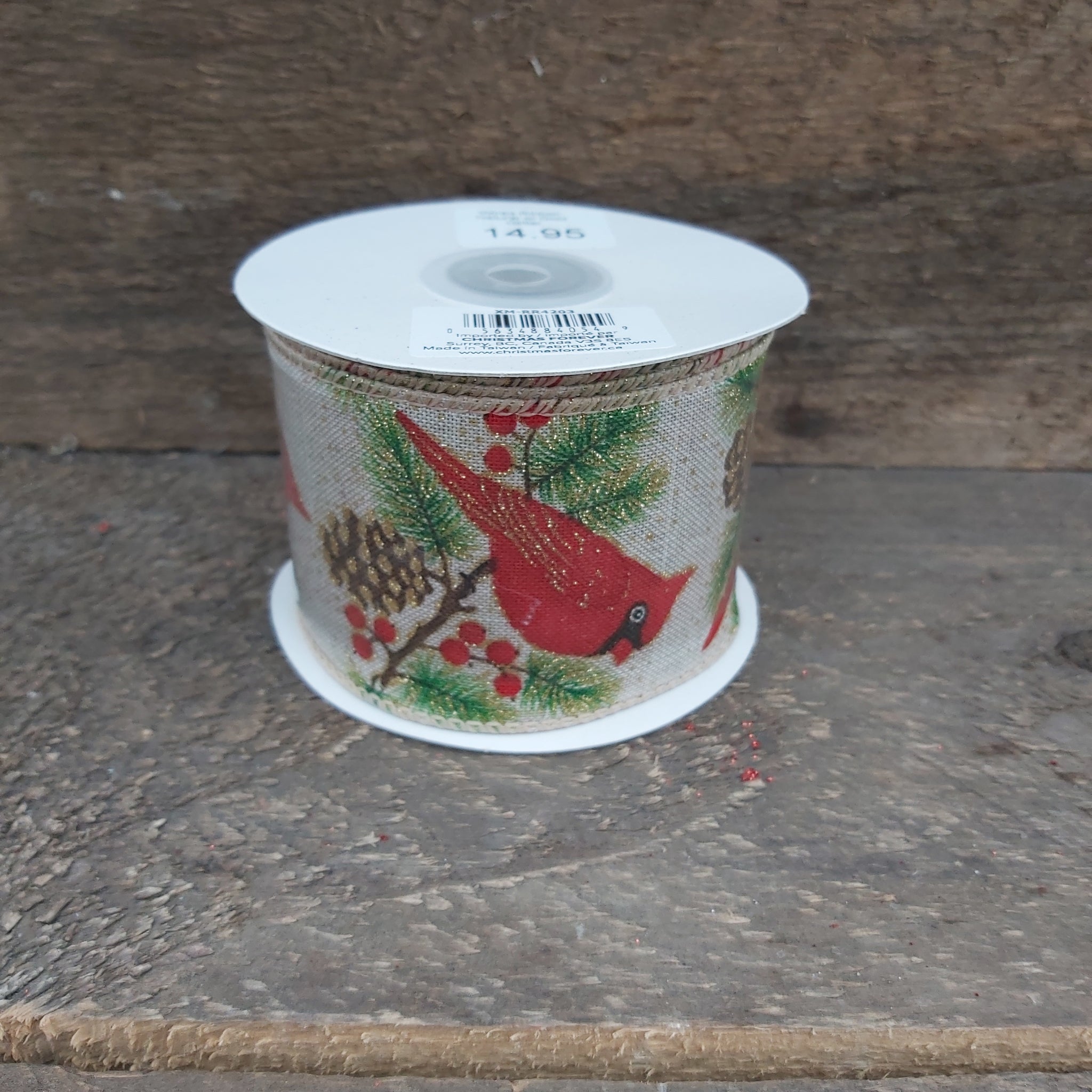 Wired Ribbon 2.5"X10 Yds. Natural W/ Glitter Red Cardinal & Brown Pine Cone