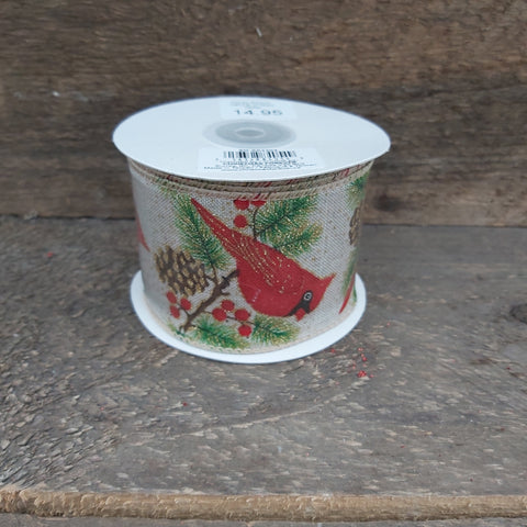 Wired Ribbon 2.5"X10 Yds. Natural W/ Glitter Red Cardinal & Brown Pine Cone