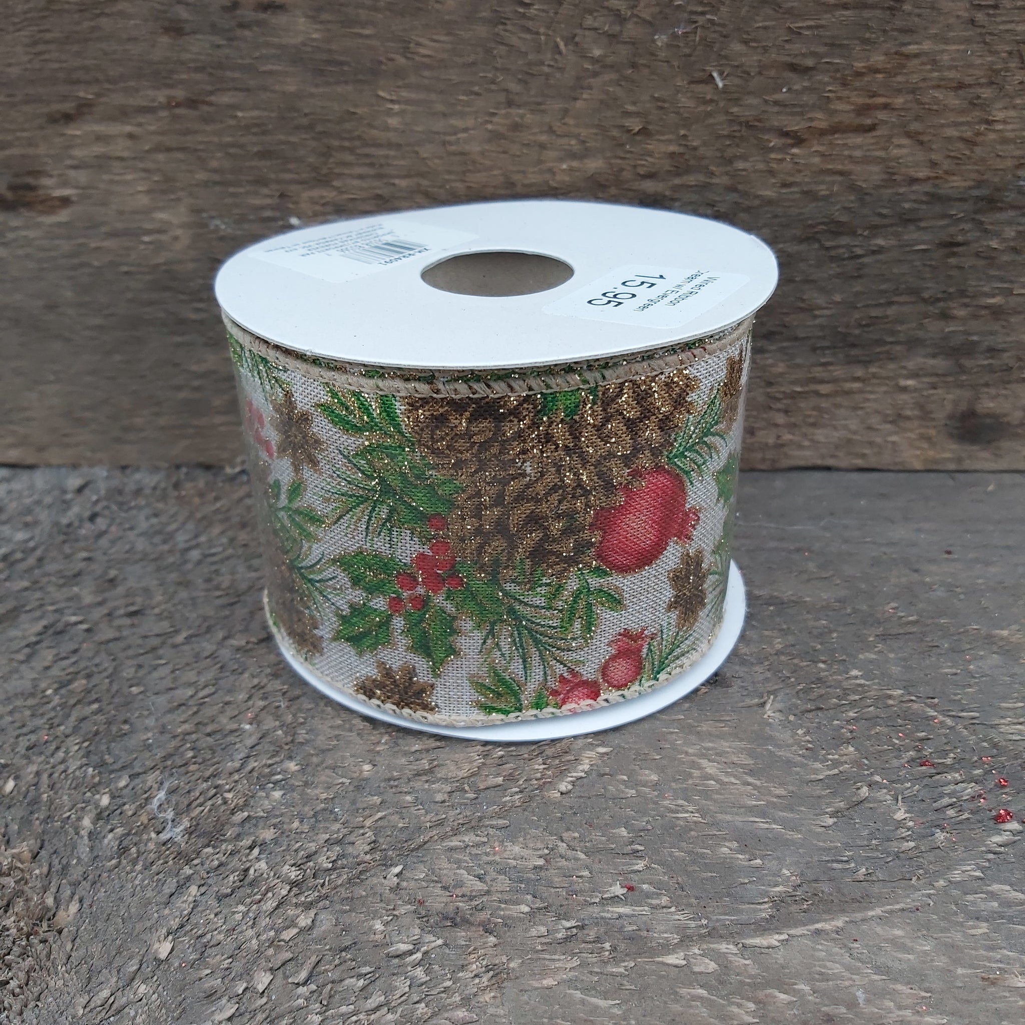 Wired Ribbon 2.5"X10 Yds. Cream W/ Evergreens & Pinecones