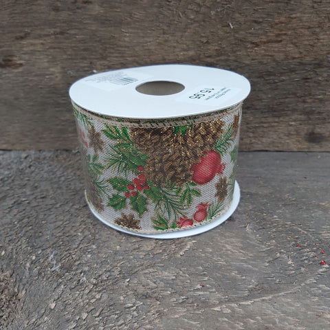 Wired Ribbon 2.5"X10 Yds. Cream W/ Evergreens & Pinecones