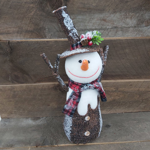 Snowman Standing Log-Style 20" W/ Plaid Scarf, Snow, & Berry-Decorated Hat