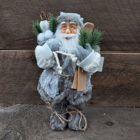 12" Gray Cloth Winter Santa Figurine with Skis
