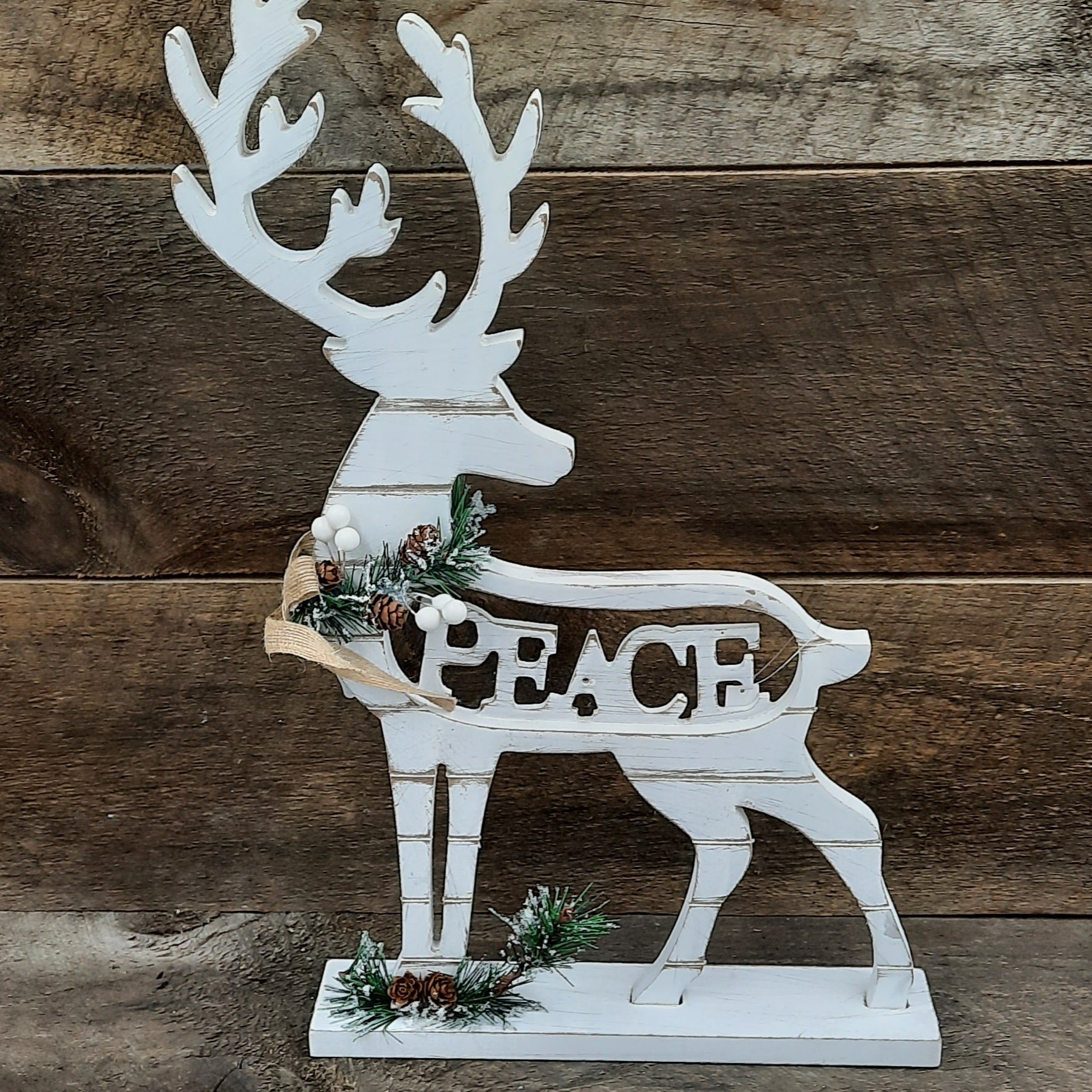 Wooden White Deer on Base 'Peace'