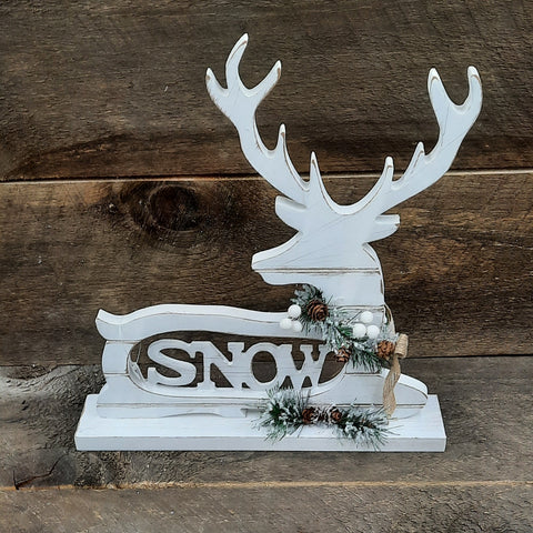 Wooden White Deer on Base 'Snow'