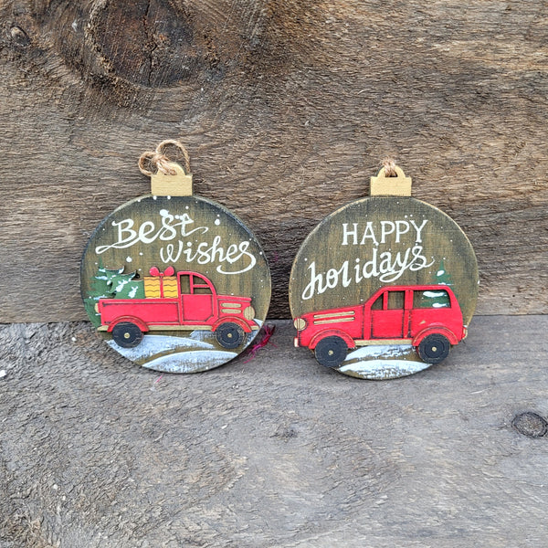 4.5" 'Wood Disc Red Truck' Ornament