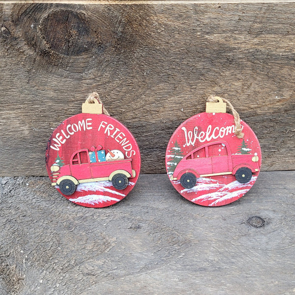 4.5" 'Wood Disc Red Truck' Ornament