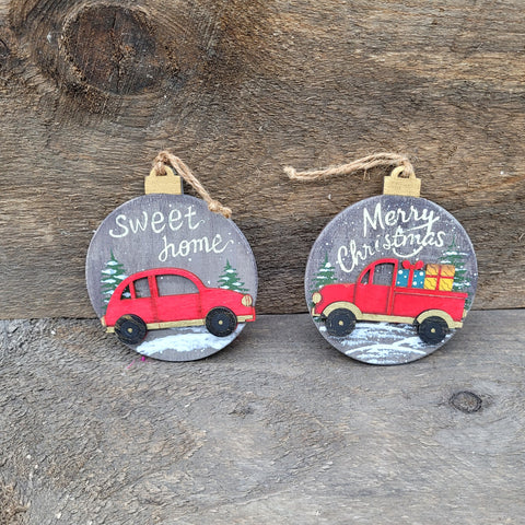 4.5" 'Wood Disc Red Truck' Ornament