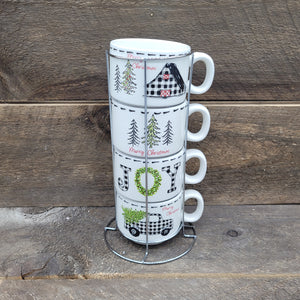 Plaid Mugs in Metal Holder